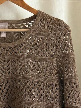 Chico’s Open Knit Sweater 2 L Taupe Brown Gold Metallic Crochet Cotton Pointelle